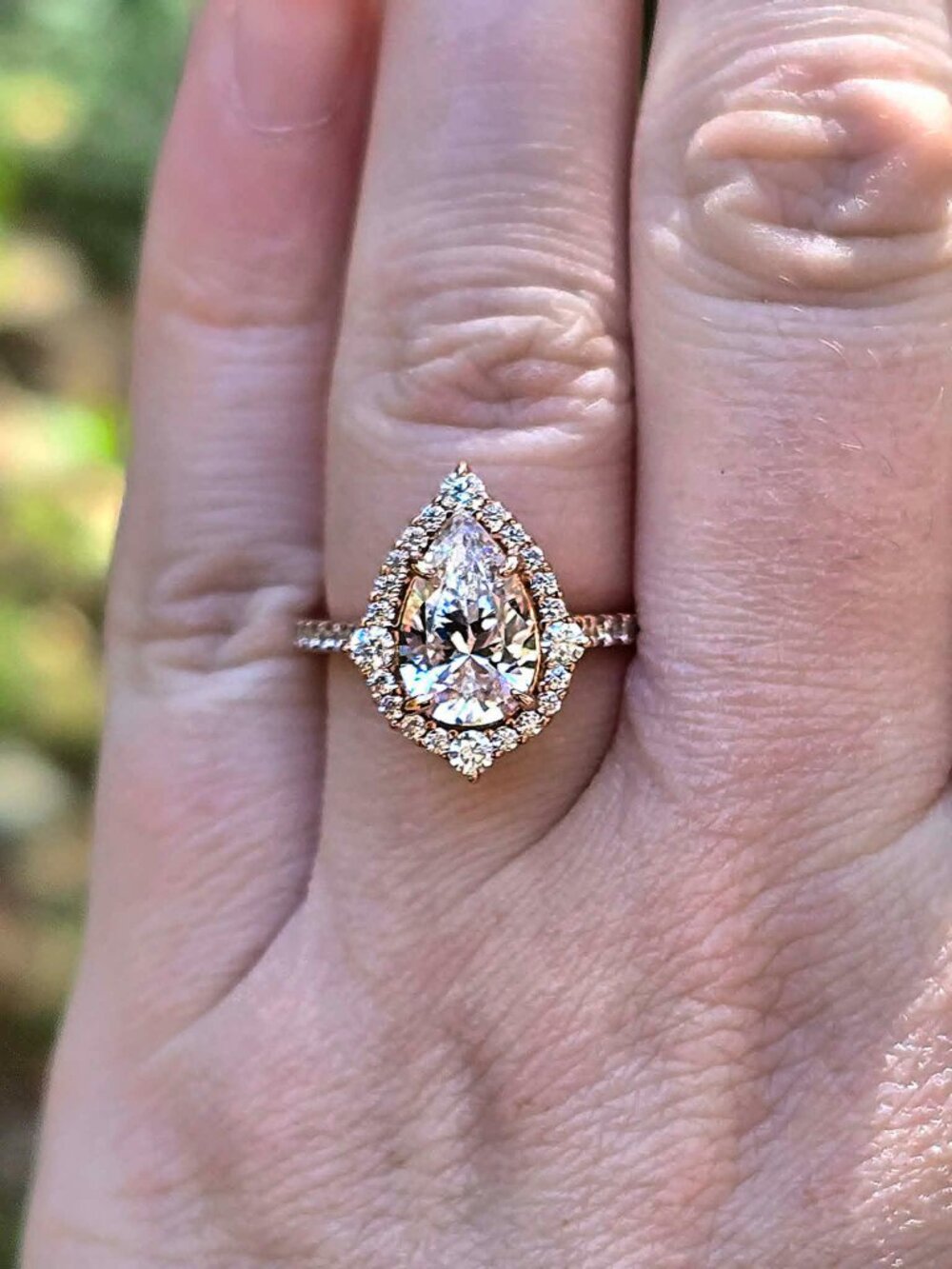 Sterling Silver Pear Shaped Halo Sona Simulated Diamond Rose Gold Ring